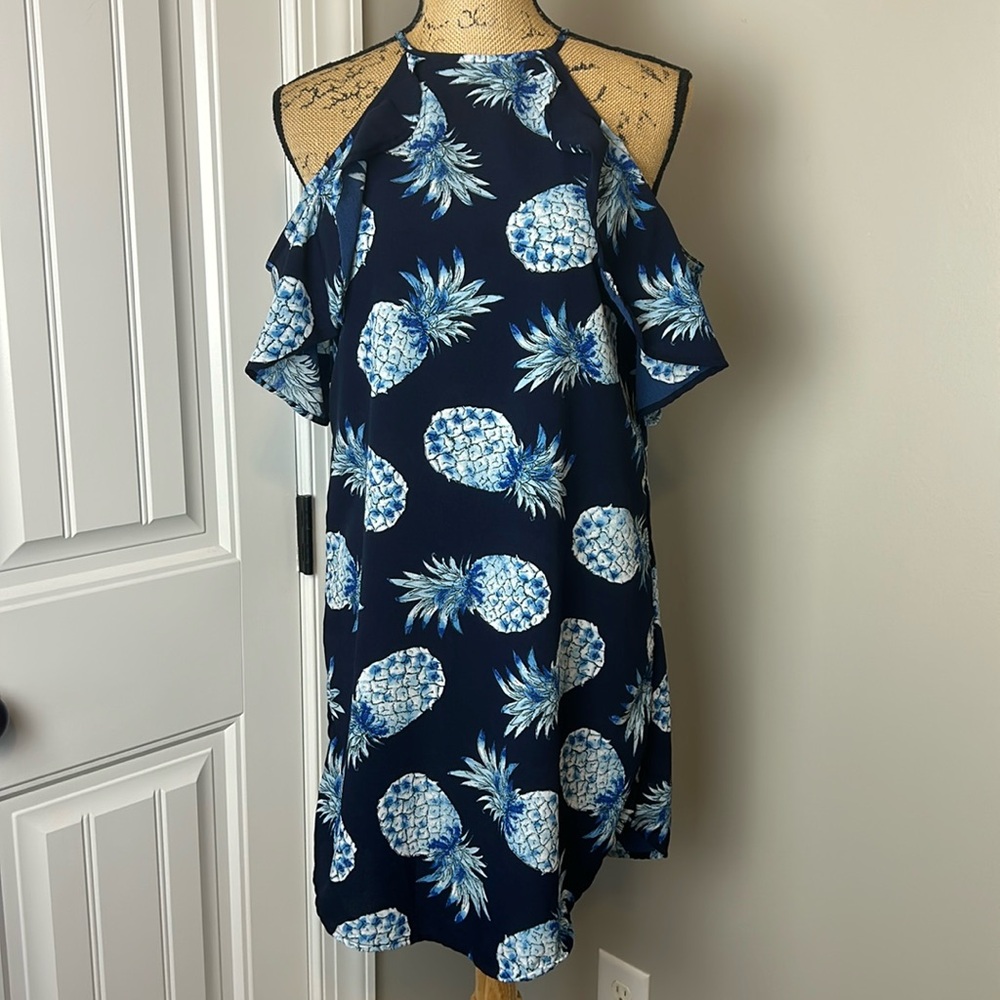 Japna Navy Pineapple Print Cold-Shoulder Mini Dress